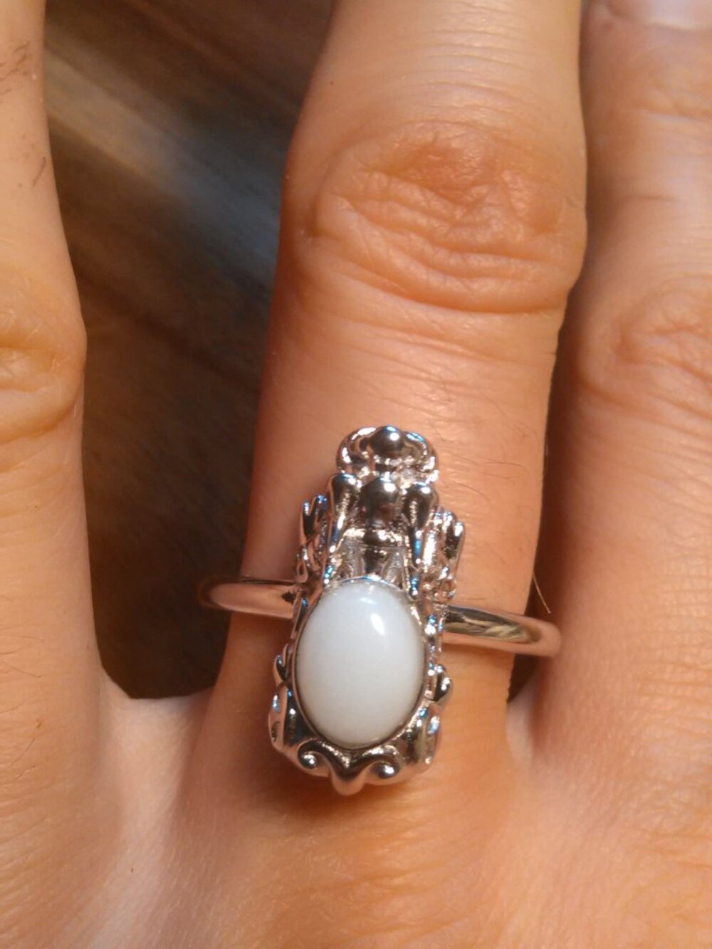 Natural White Jade Sterling Silver Dragon Ring (Size 10)